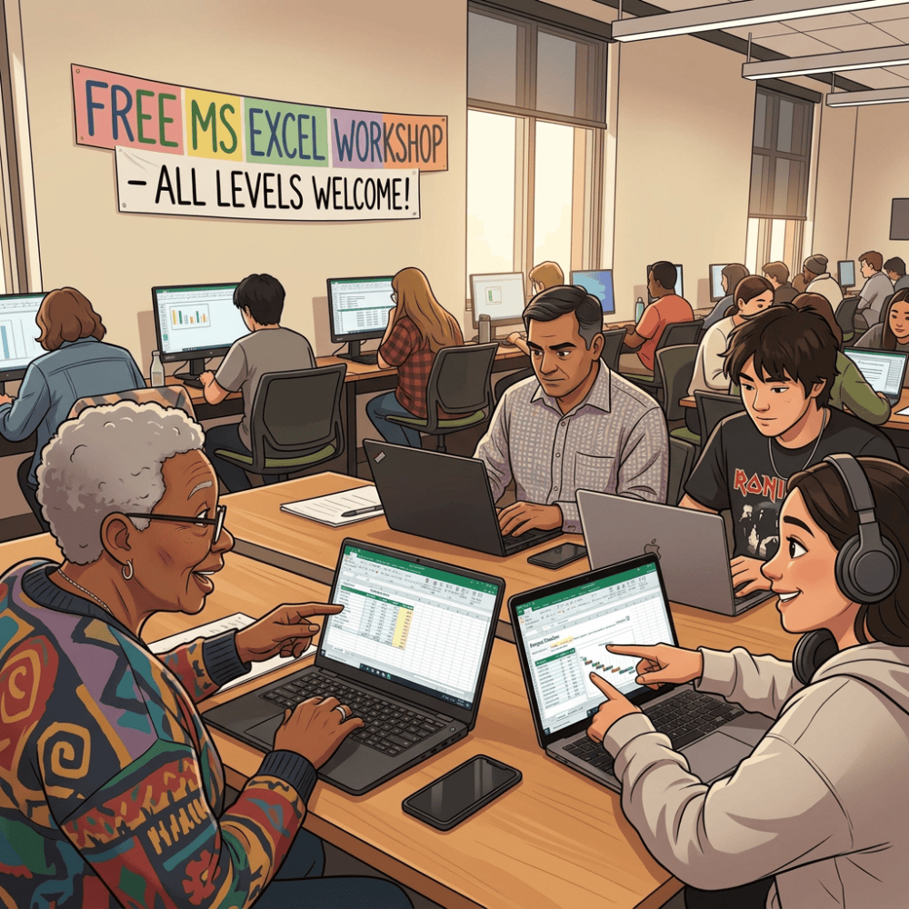 Adults collaborating on Excel lessons at a workshop labeled “FREE MS EXCEL WORKSHOP – ALL LEVELS WELCOME!”