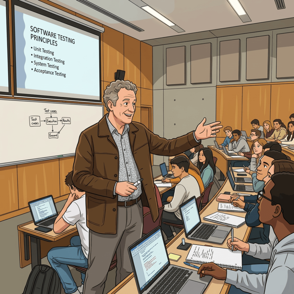 Cartoon professor teaching software testing