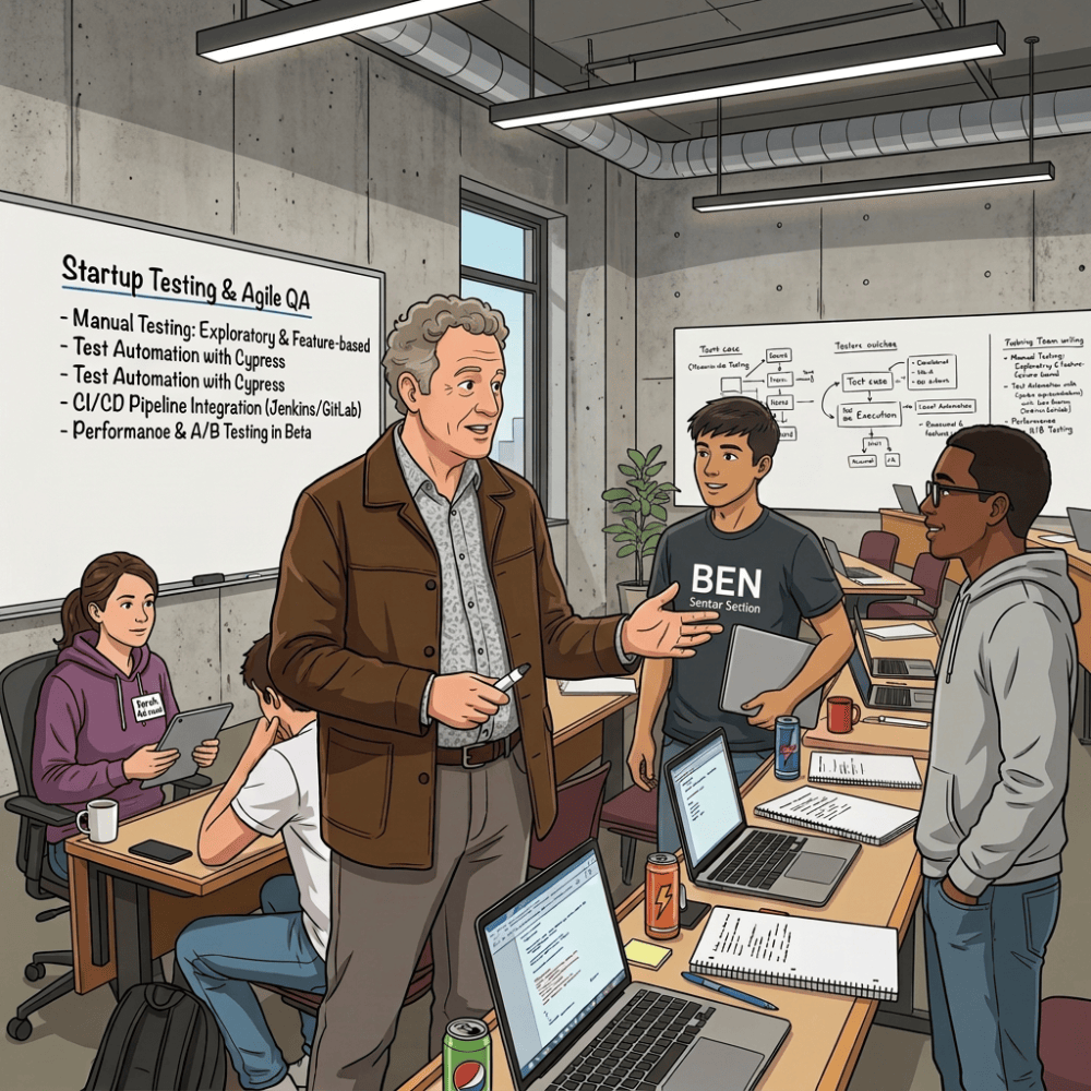 Cartoon professor with small startup testing team